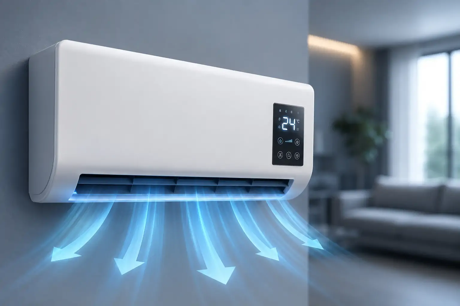 LifeGauge Breeze wall-mounted portable AC blowing cool air with digital temperature display
